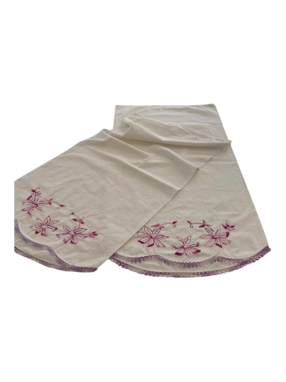 Vintage White Pillowcases With Purple Floral Embroidery & Crochet Trims scallop